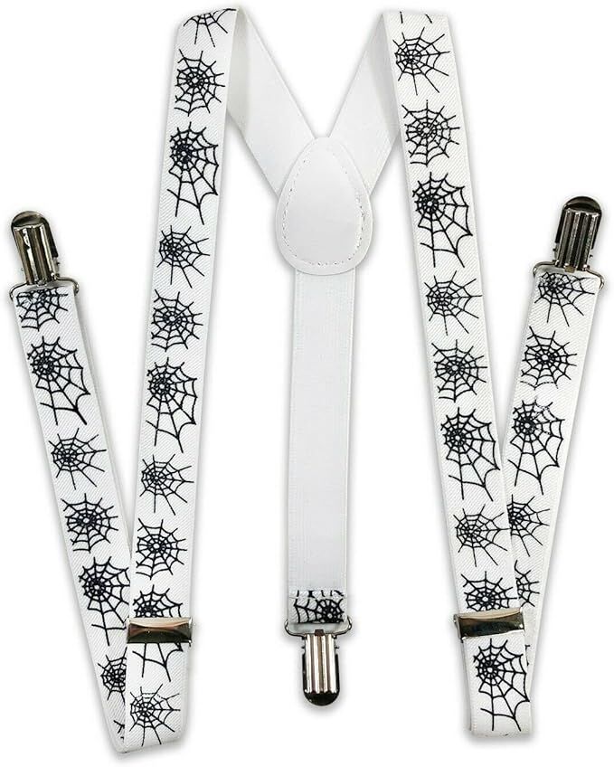 Halloween Suspenders Braces Belt Costume Party - White with Black Spider Web